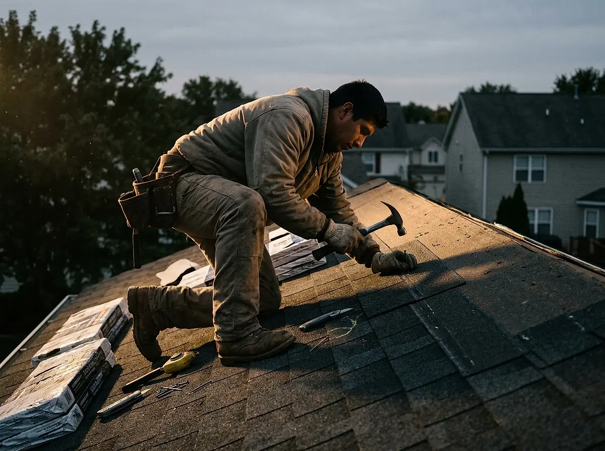 A roofer kneeling on a roof, nailing down a fresh course of shingles.