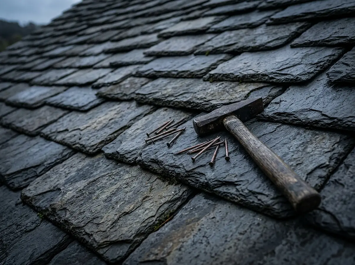 Grey slate tiles on an old roof, with a slate hammer and copper nails resting on them.