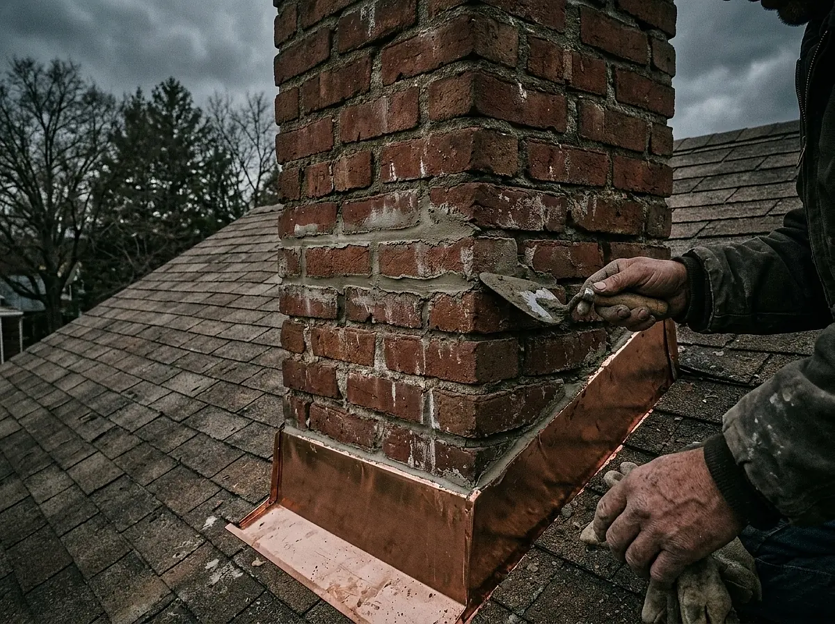 A brick chimney at the roofline of an old house with new copper flashing.