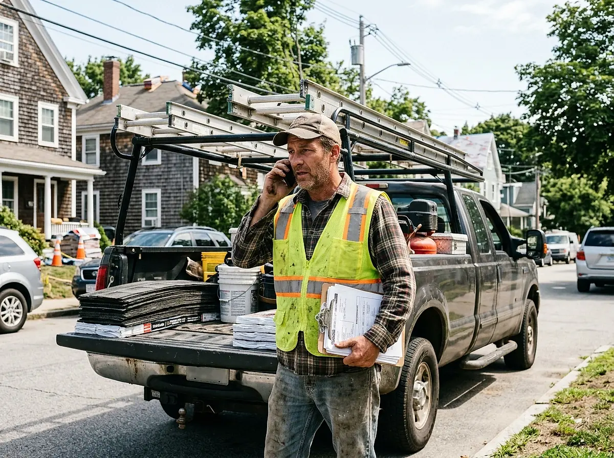 A roofing crew foreman on the phone in front of a truck loaded with ladders.