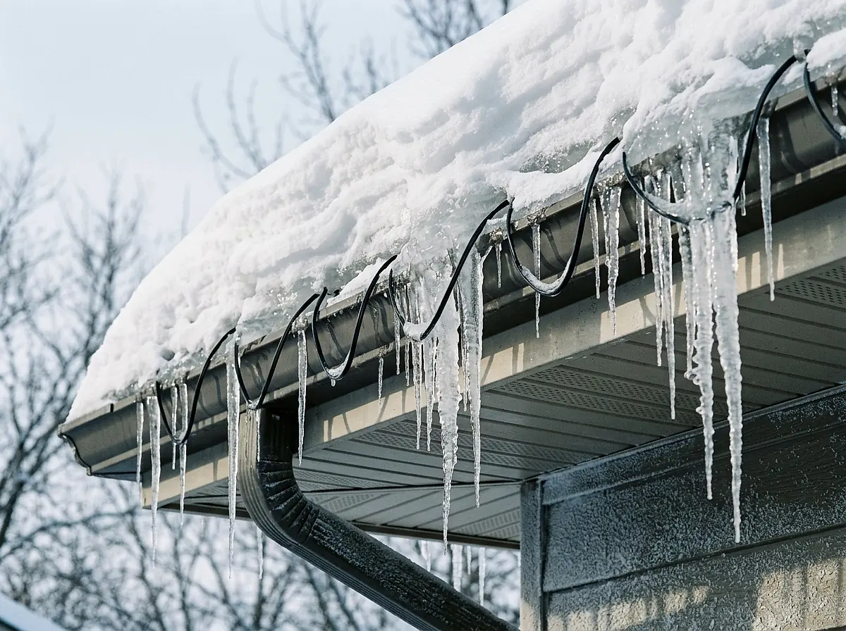 Snow along the eaves of a house roof with icicles hanging from the gutter.