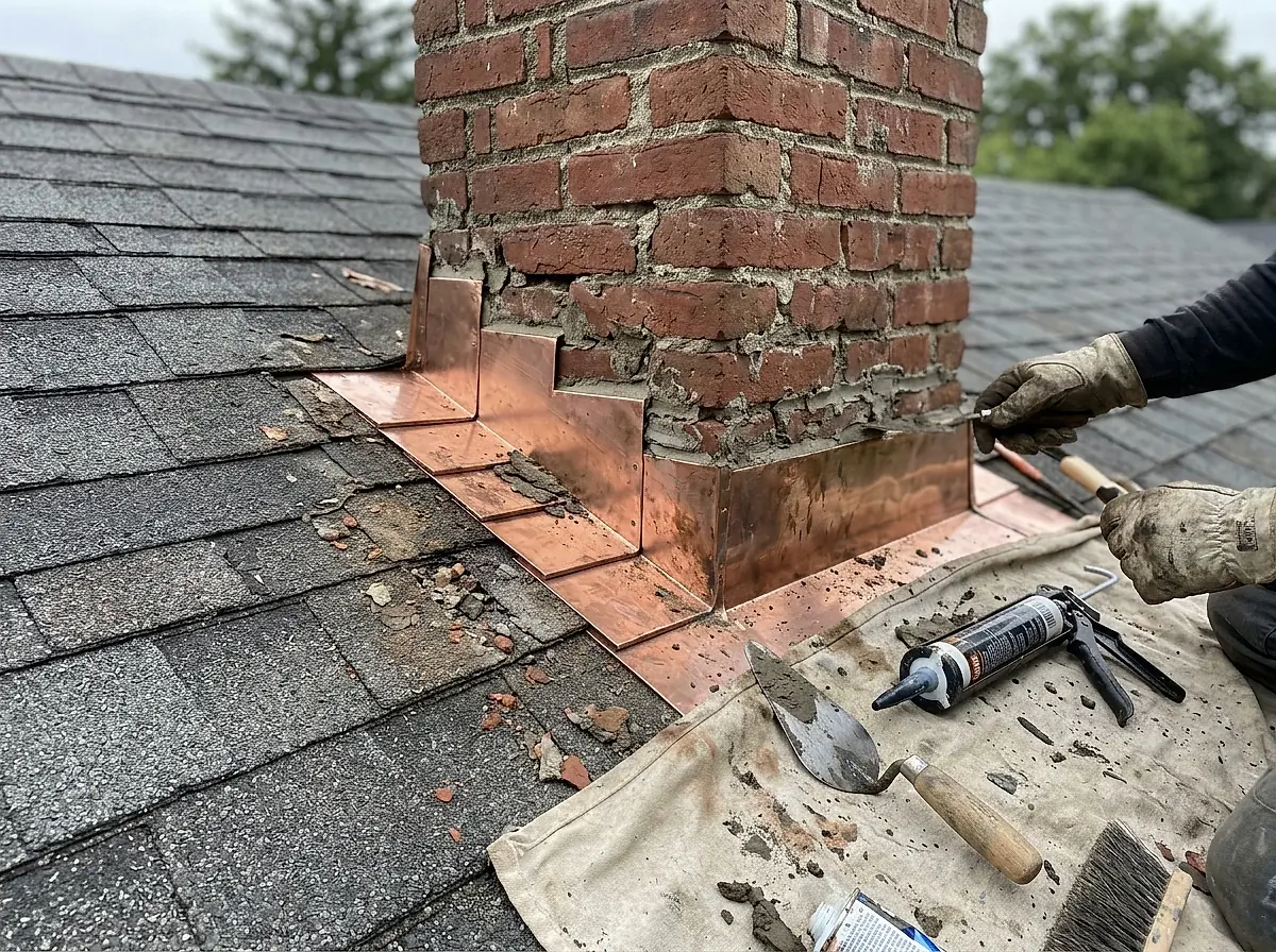 Copper flashing and a mortar joint being repaired at the base of a brick chimney.