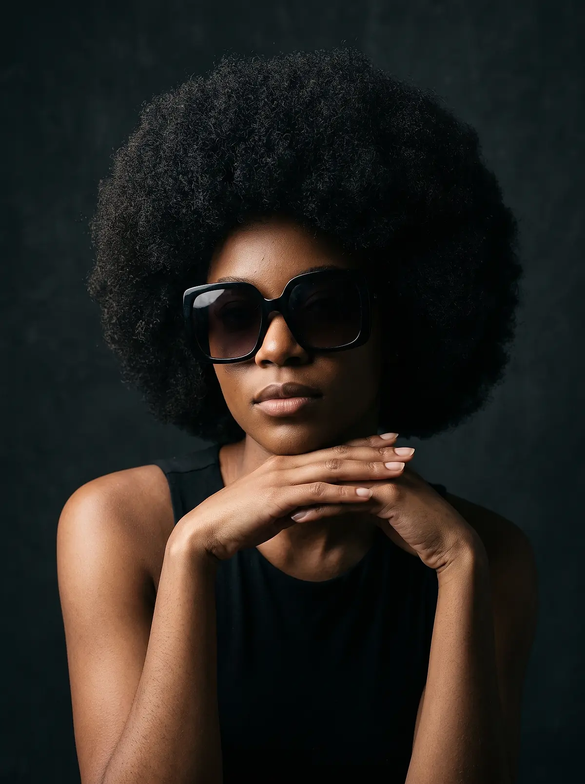 A woman with a large natural afro wearing dark sunglasses, photographed in low light