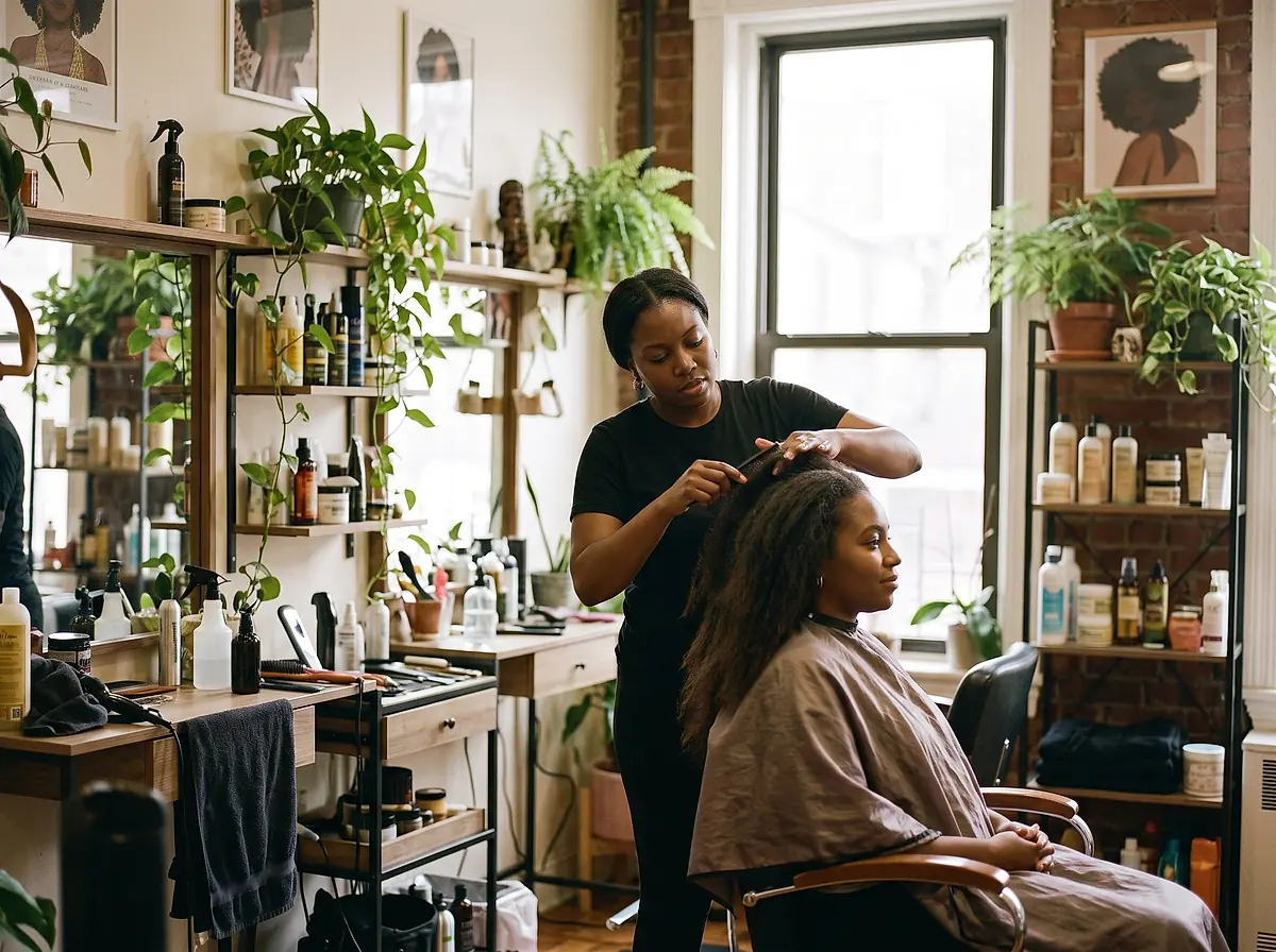 A stylist sectioning and styling a seated client's hair in the studio