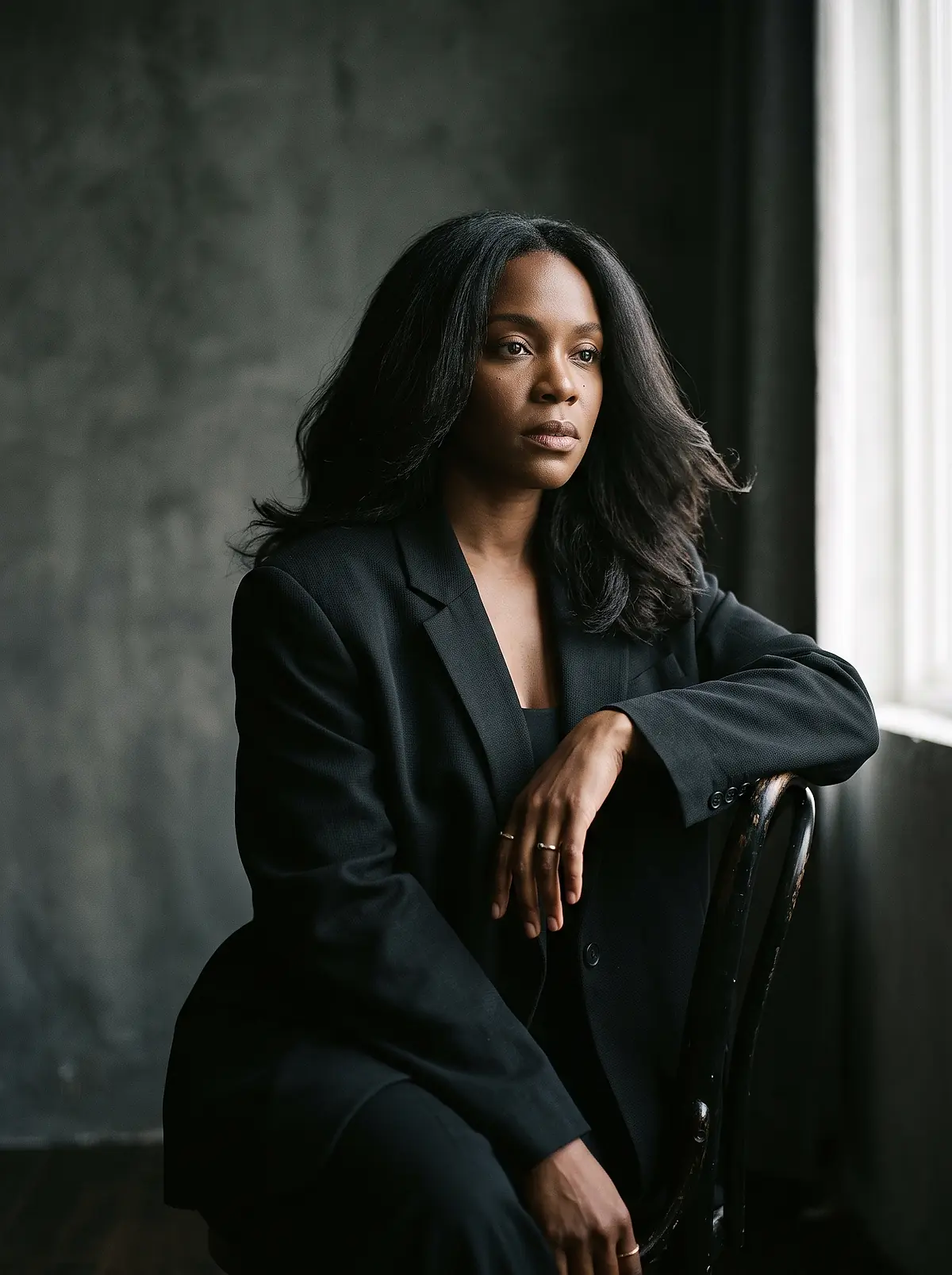 A woman in a black blazer with silk-pressed hair, seated in the studio