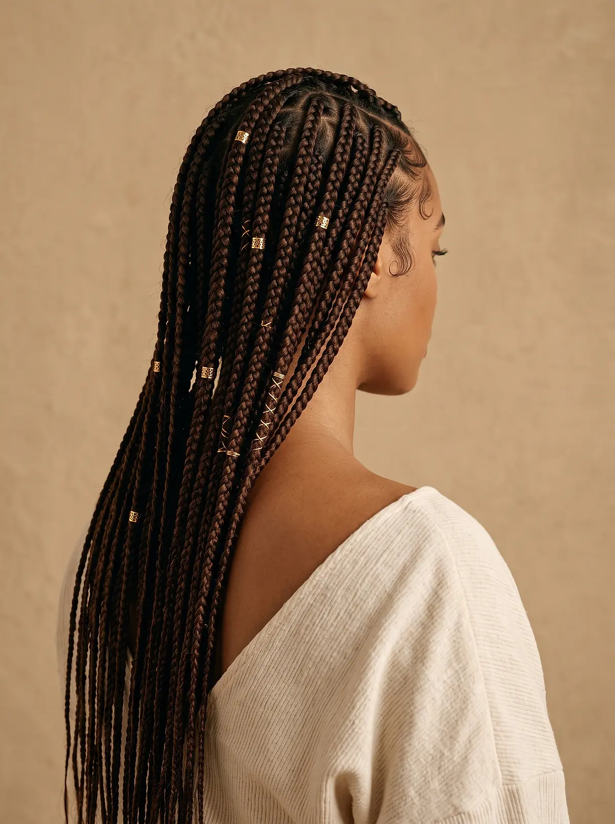 Long knotless box braids with thin gold cuffs, seen from behind
