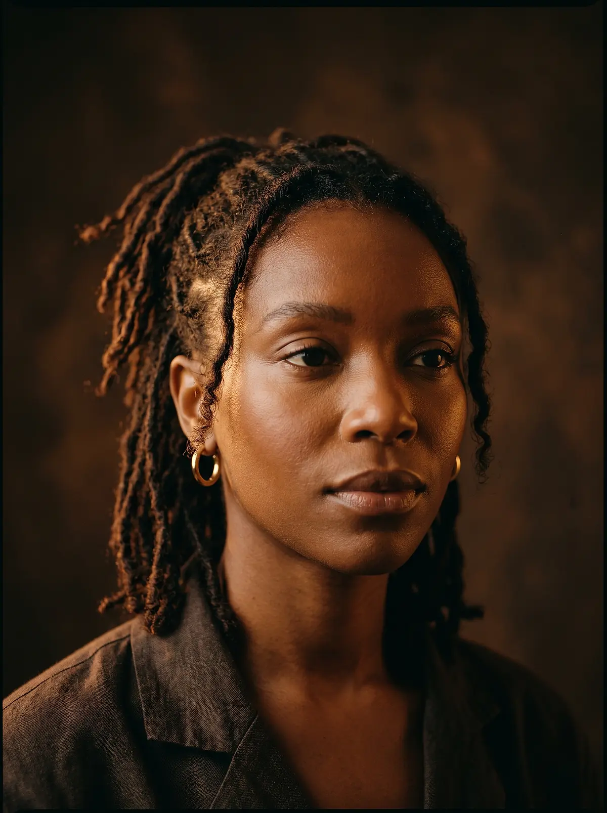 A woman with shoulder-length locs pulled back, wearing gold hoop earrings