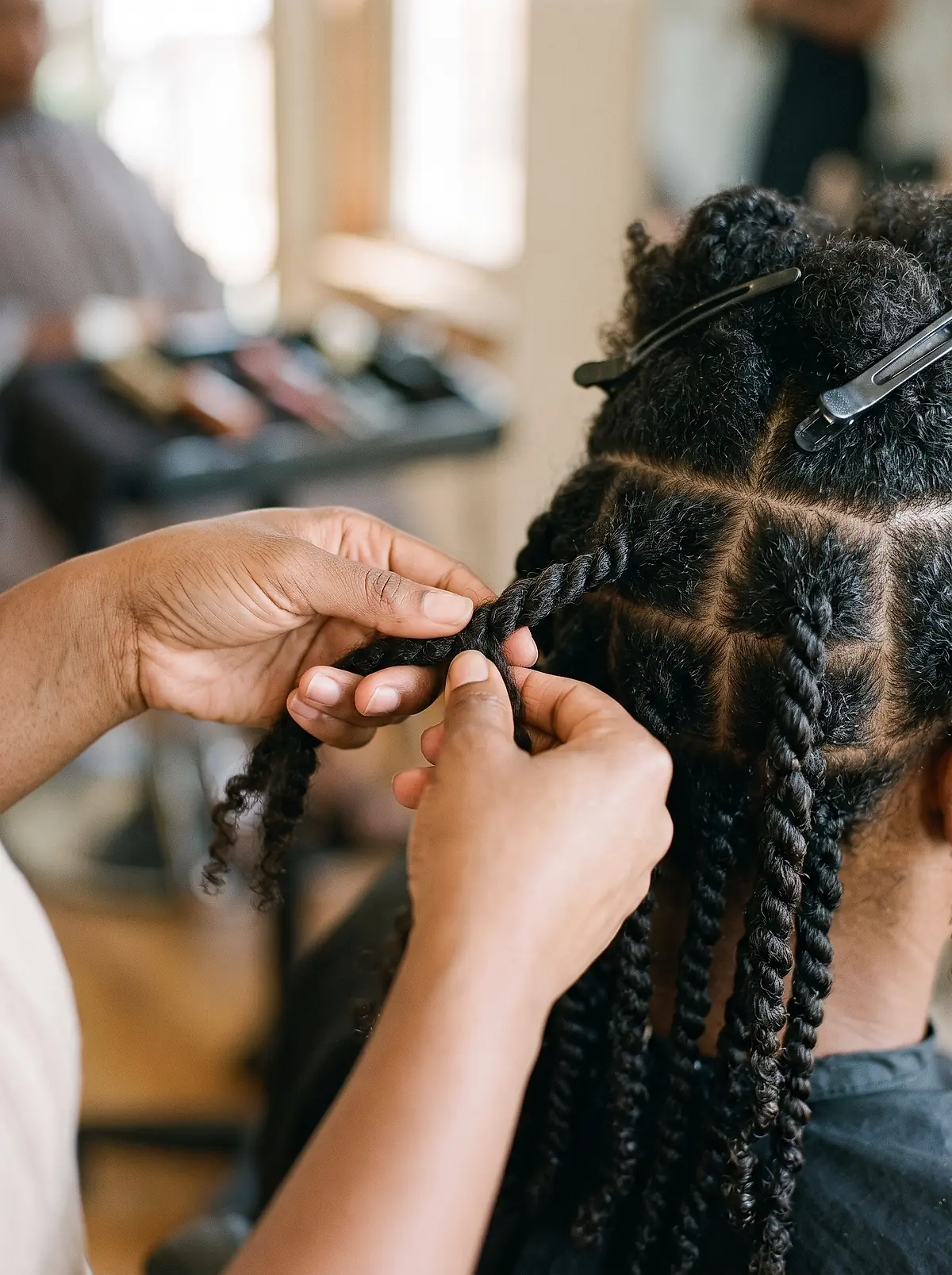 A stylist's hands twisting a section of hair into two-strand twists