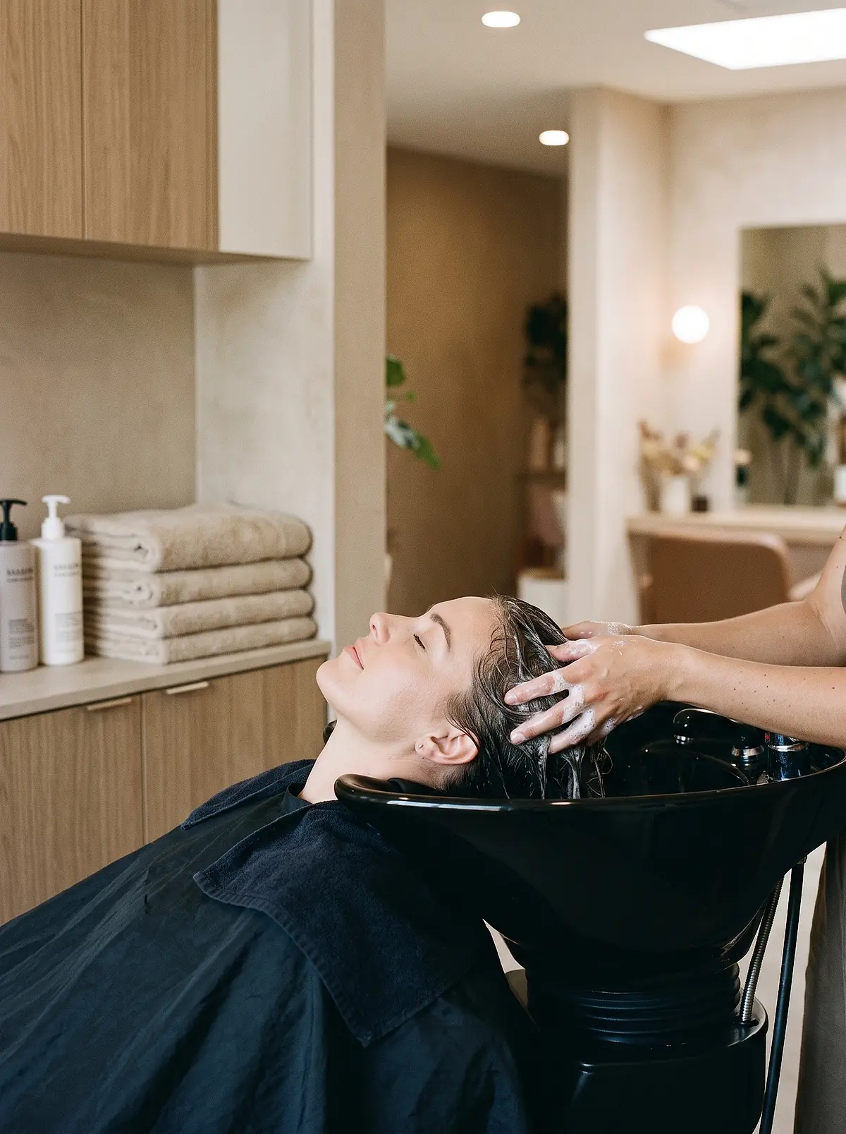 A client reclining at the shampoo basin during a scalp treatment