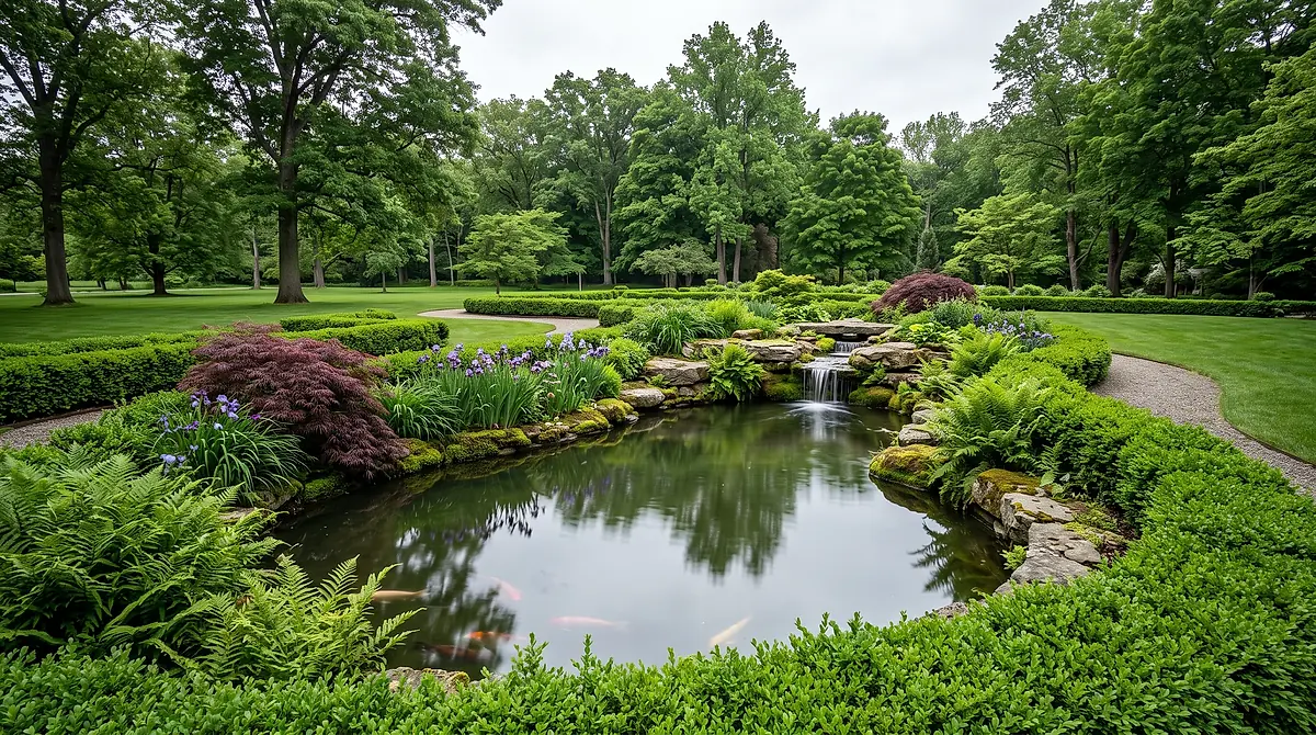 A still koi pond fed by a low stone waterfall, ringed by ferns, irises and clipped boxwood on an estate garden.