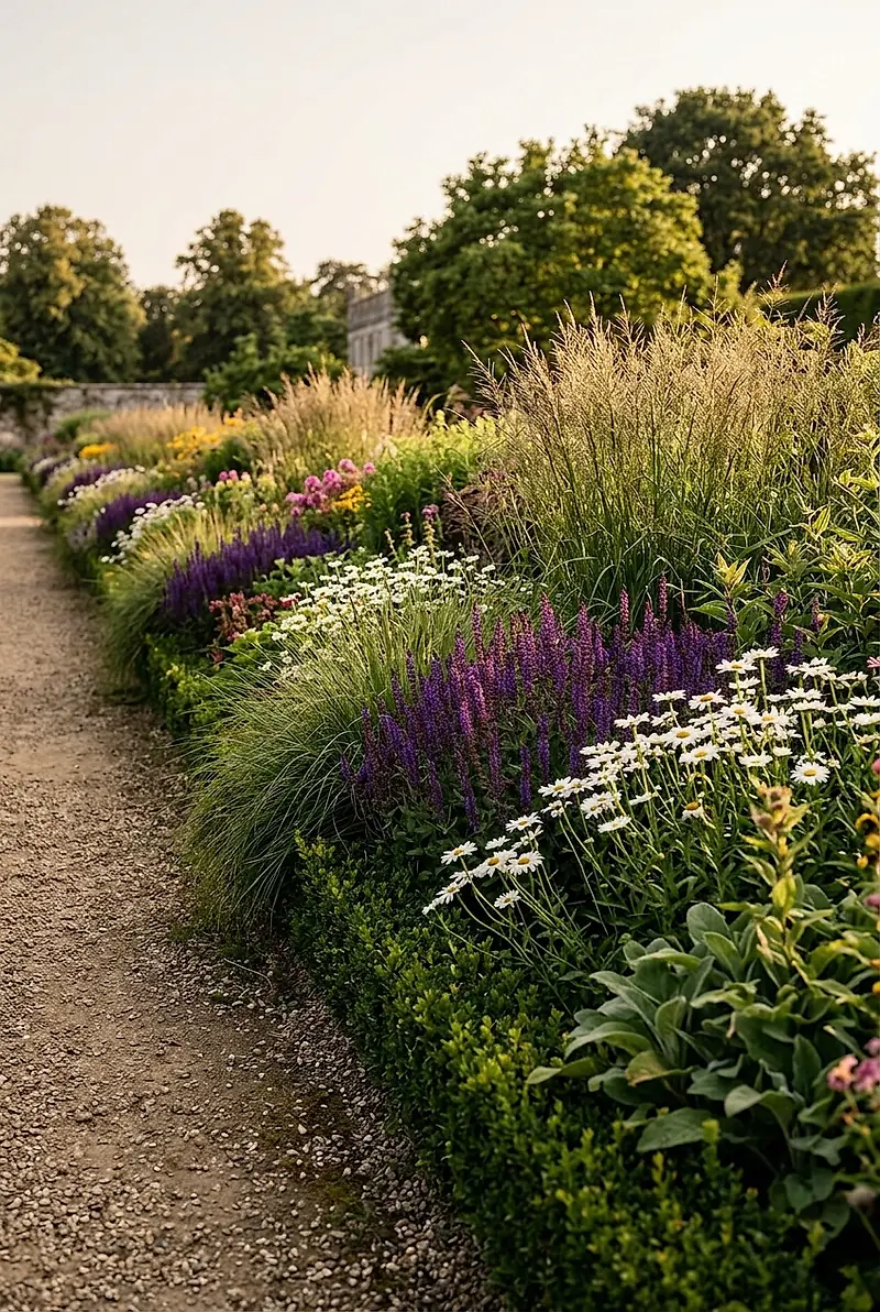 A long perennial border of lavender and white daisies along a gravel path, edged with clipped boxwood.