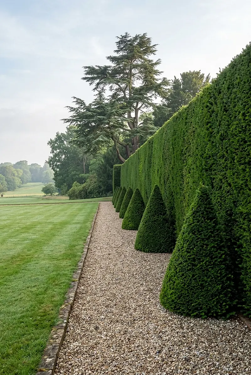 A tall clipped yew hedge and topiary cones lining a gravel walk, with lawn and a specimen conifer beyond.