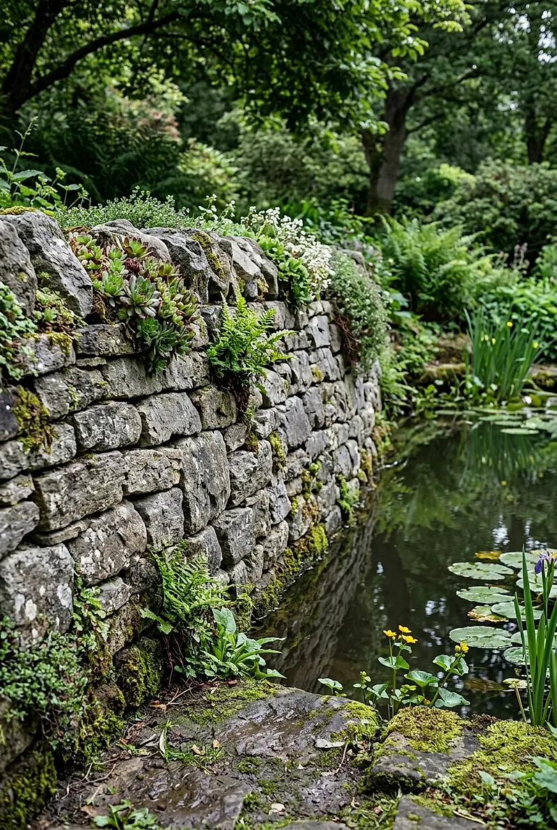 A hand-built dry-stone wall with alpine plants and moss beside a still garden pond.