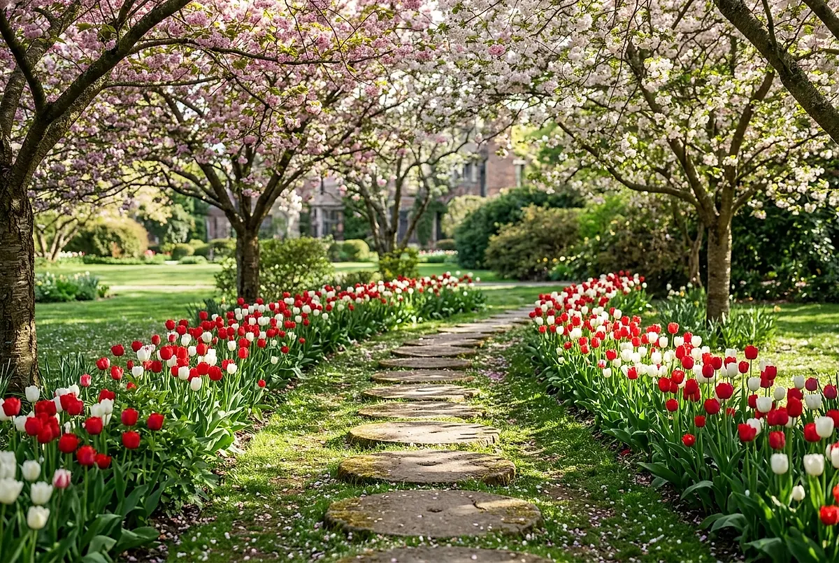 A walk of stone stepping stones lined with tulips in bloom beneath flowering spring trees.
