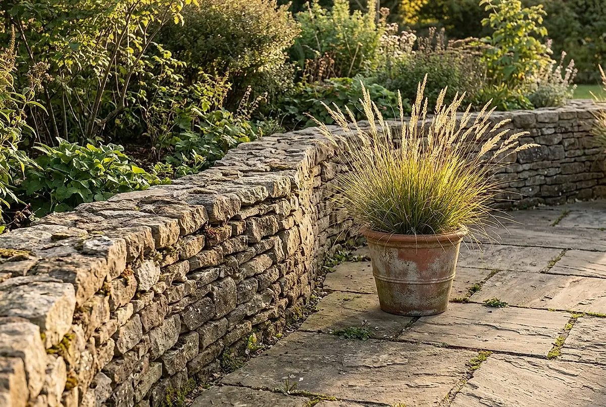 A curved dry-stone retaining wall edging a flagstone terrace, with a terracotta pot of ornamental grasses beside it.