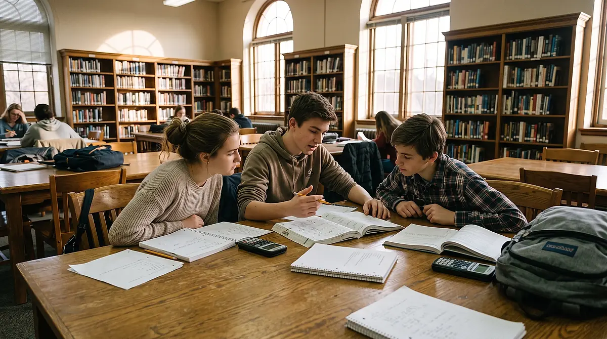 Three students working through practice questions together at a library table