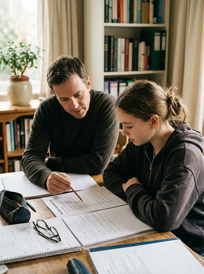 A tutor sitting beside a student, going through a printed practice test together