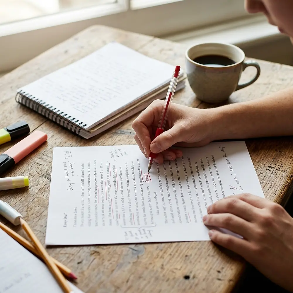 A student marking up an essay draft in red pen