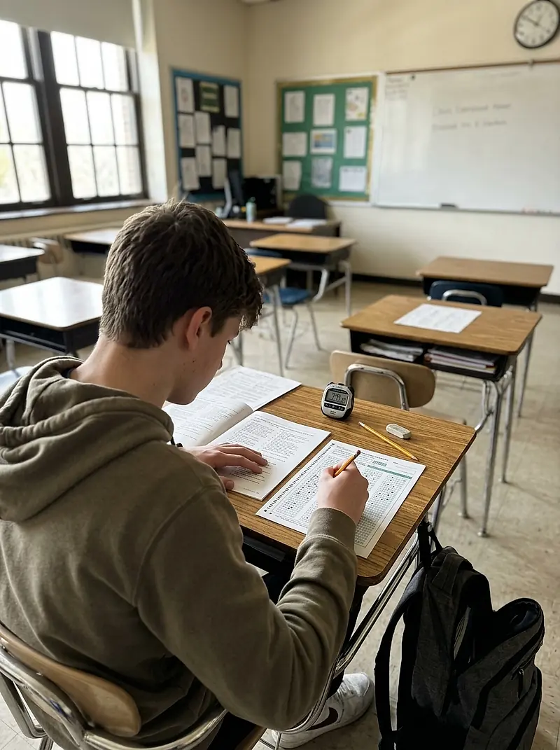 A student working through a timed practice test at a desk
