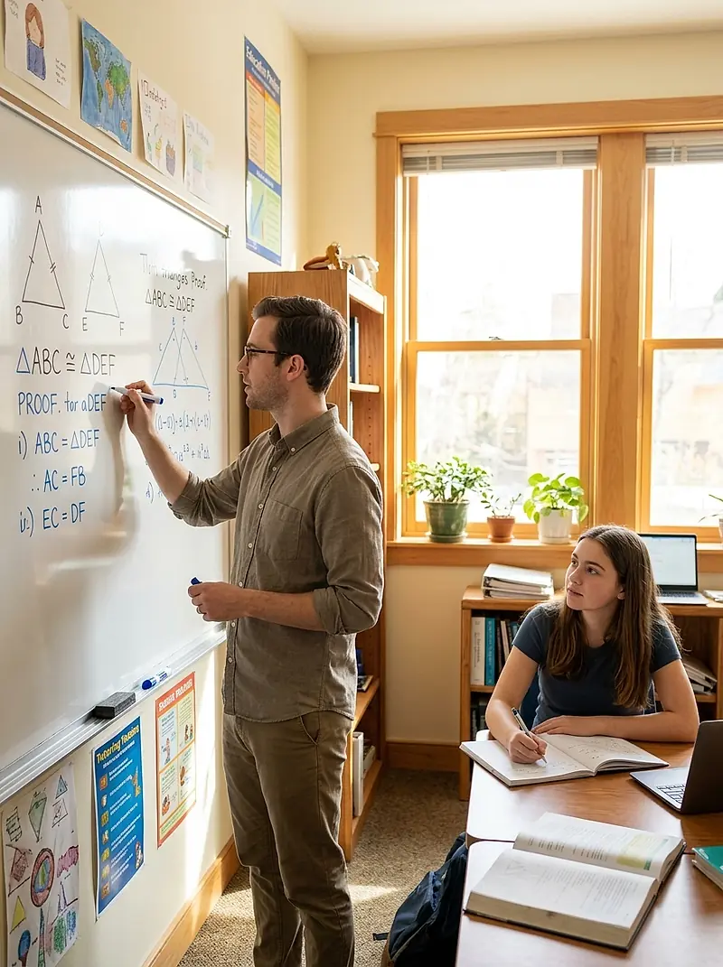 A tutor working through a problem on a whiteboard while a student takes notes