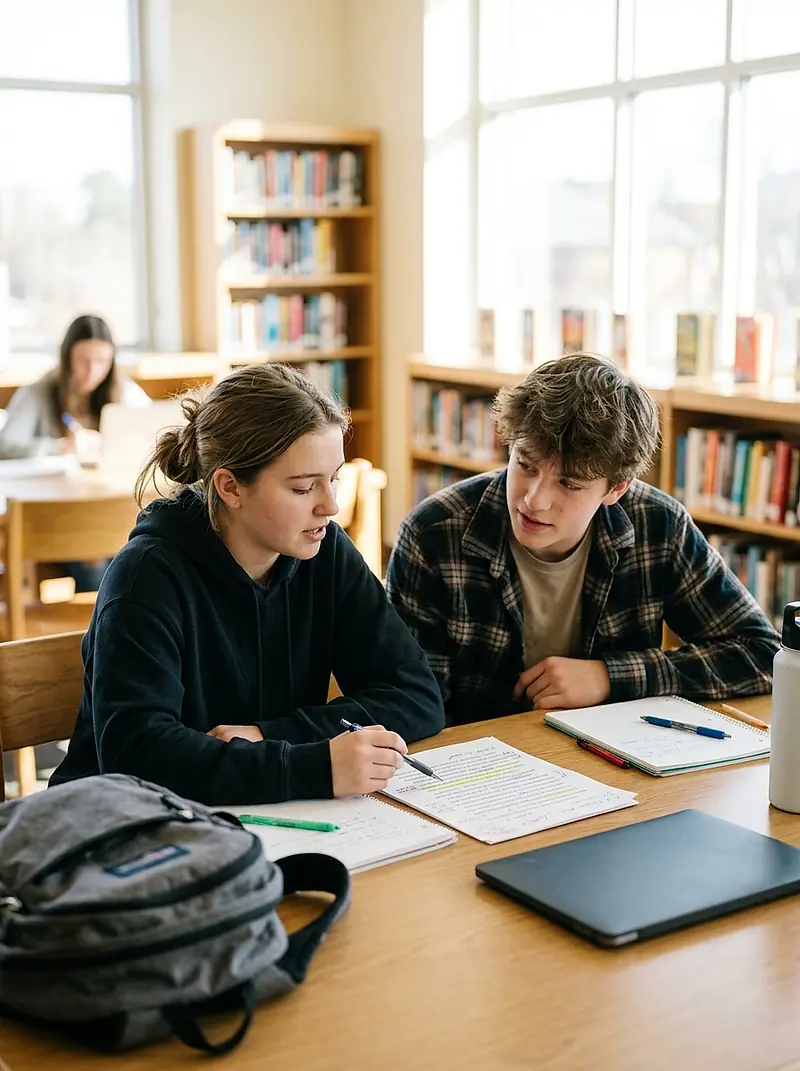 Two students reading and marking up an essay draft together