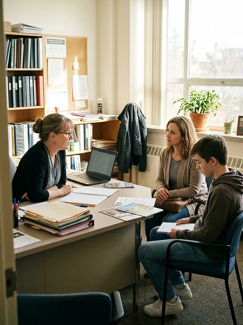 A parent and student going through a plan with a tutor at a desk