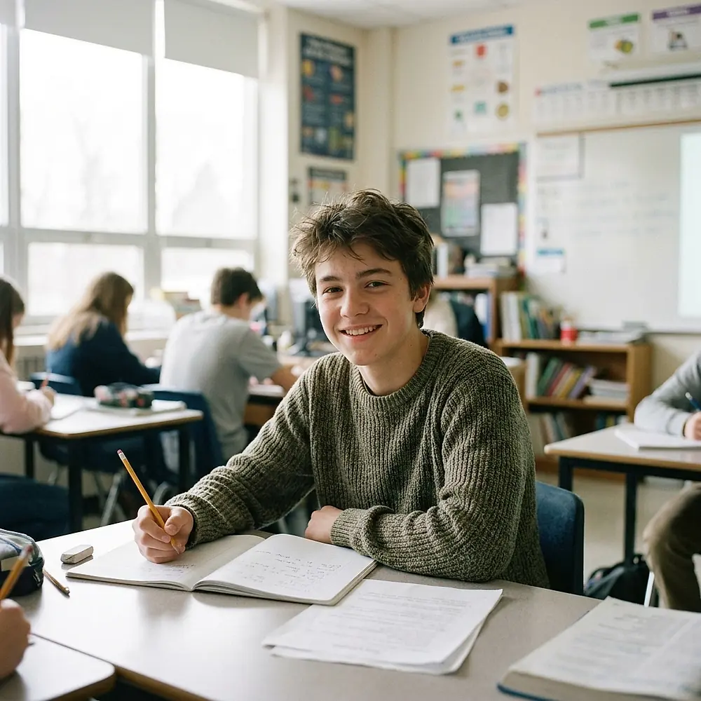 A student looking up from his notes with a pencil in hand