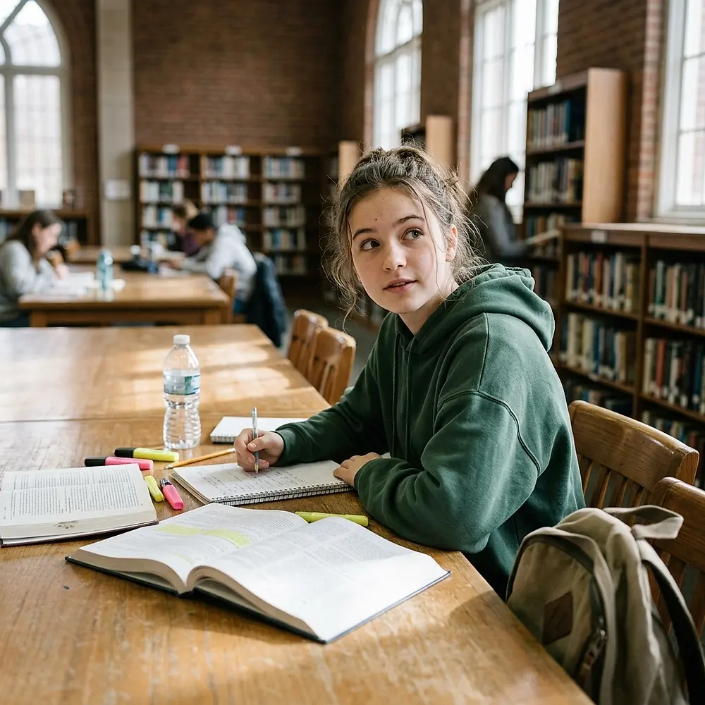 A student studying at a library table with open books