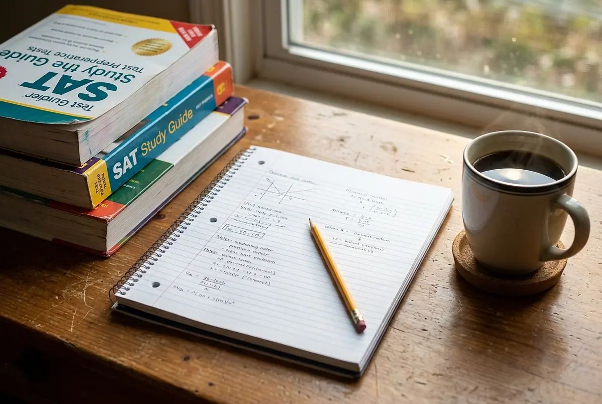 Test prep workbooks, a notebook and a pencil on a desk