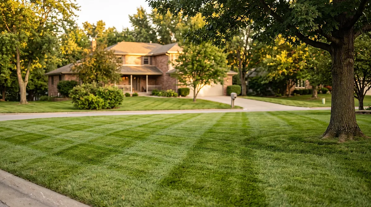 A freshly mowed front lawn with crisp mowing stripes in front of a brick Omaha house at golden hour.