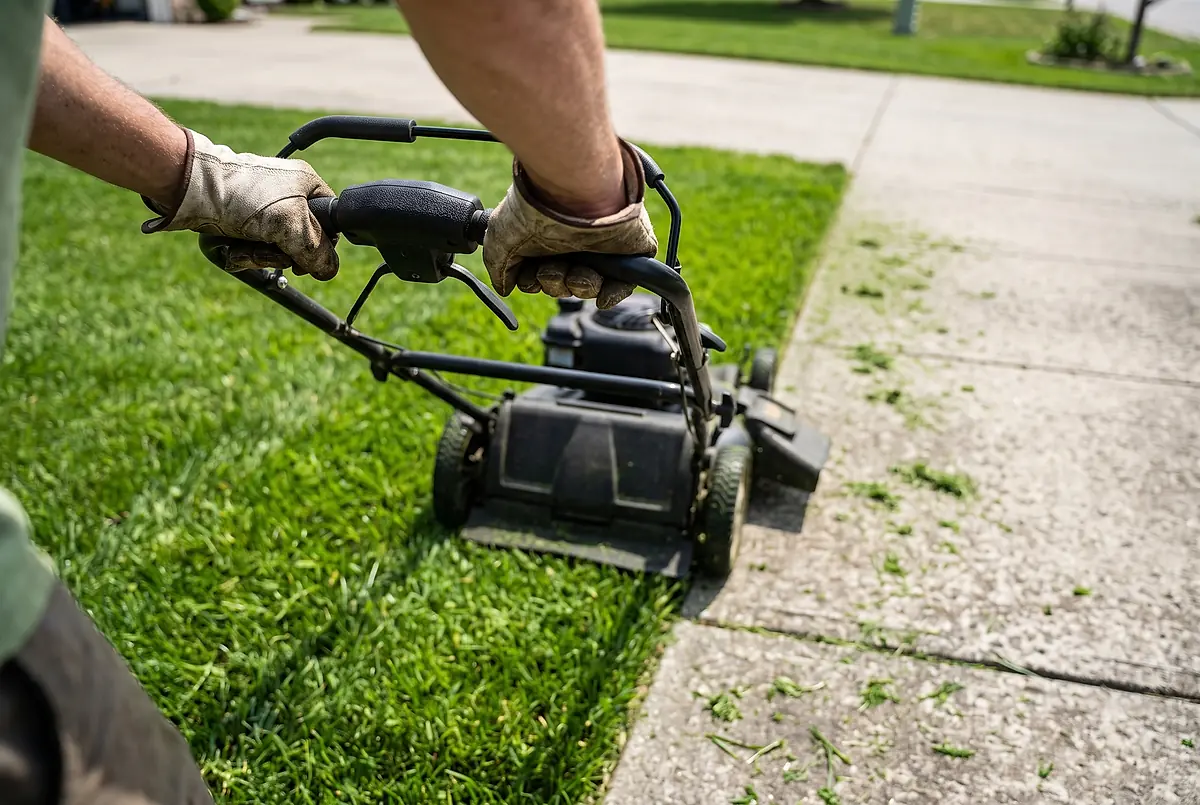 Gloved hands guiding a mower along the edge of a lawn beside a driveway.