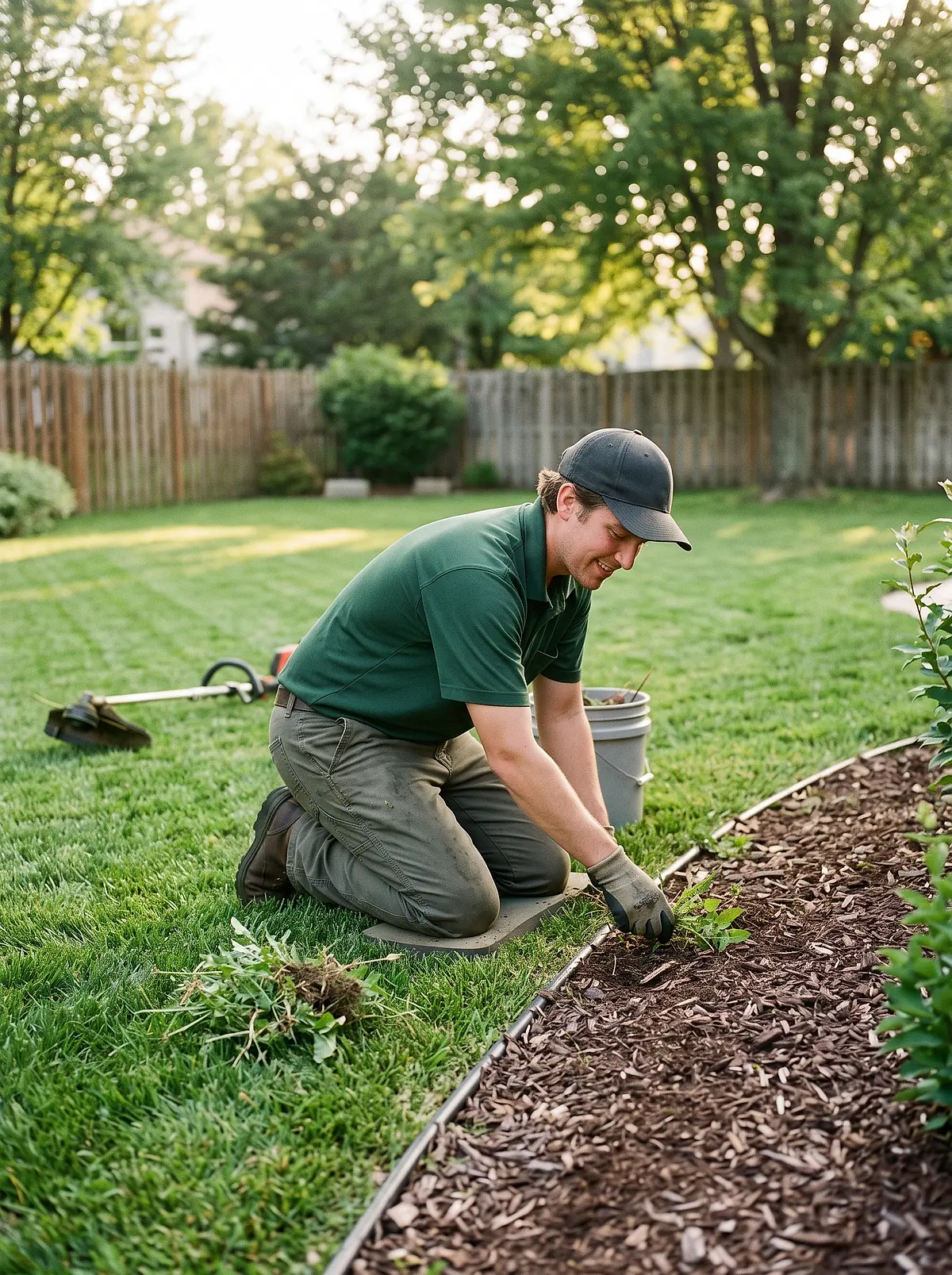 A Prairie Cut crew member kneeling to pull weeds from a flower bed beside a mowed lawn.