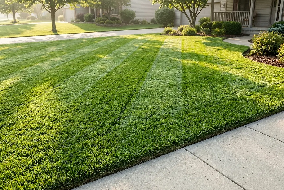 Mowing stripes on a green lawn beside a sidewalk.