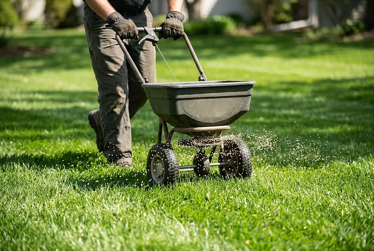 A spreader laying fertilizer in an even arc across a green lawn.