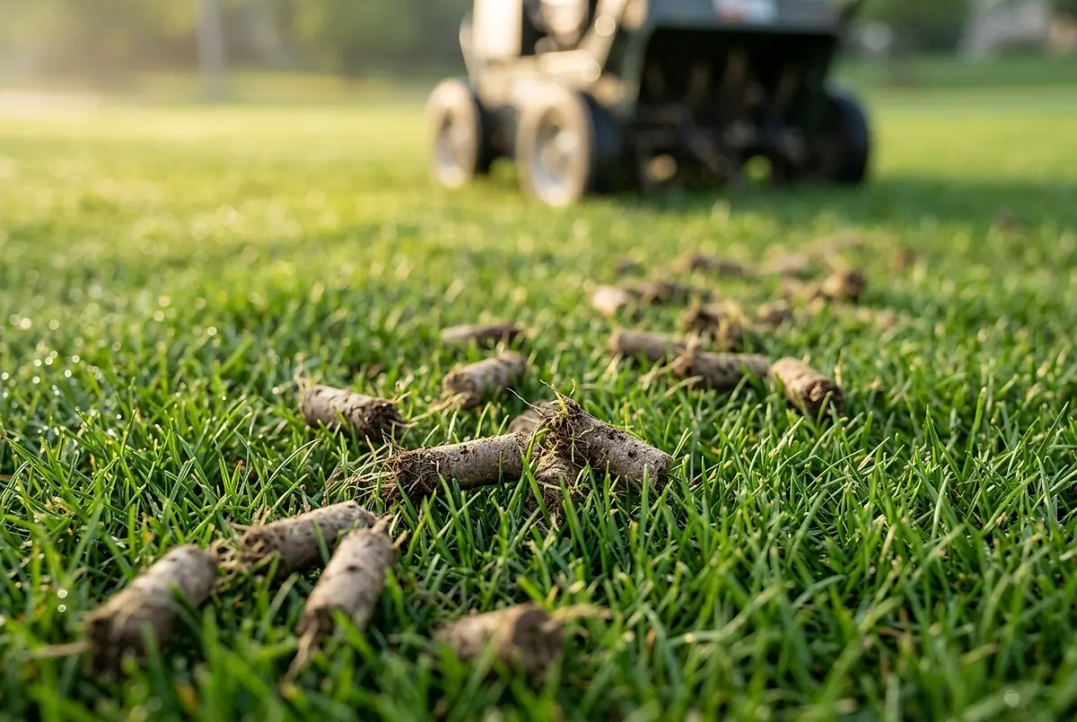 Soil cores left on a lawn after core aeration.