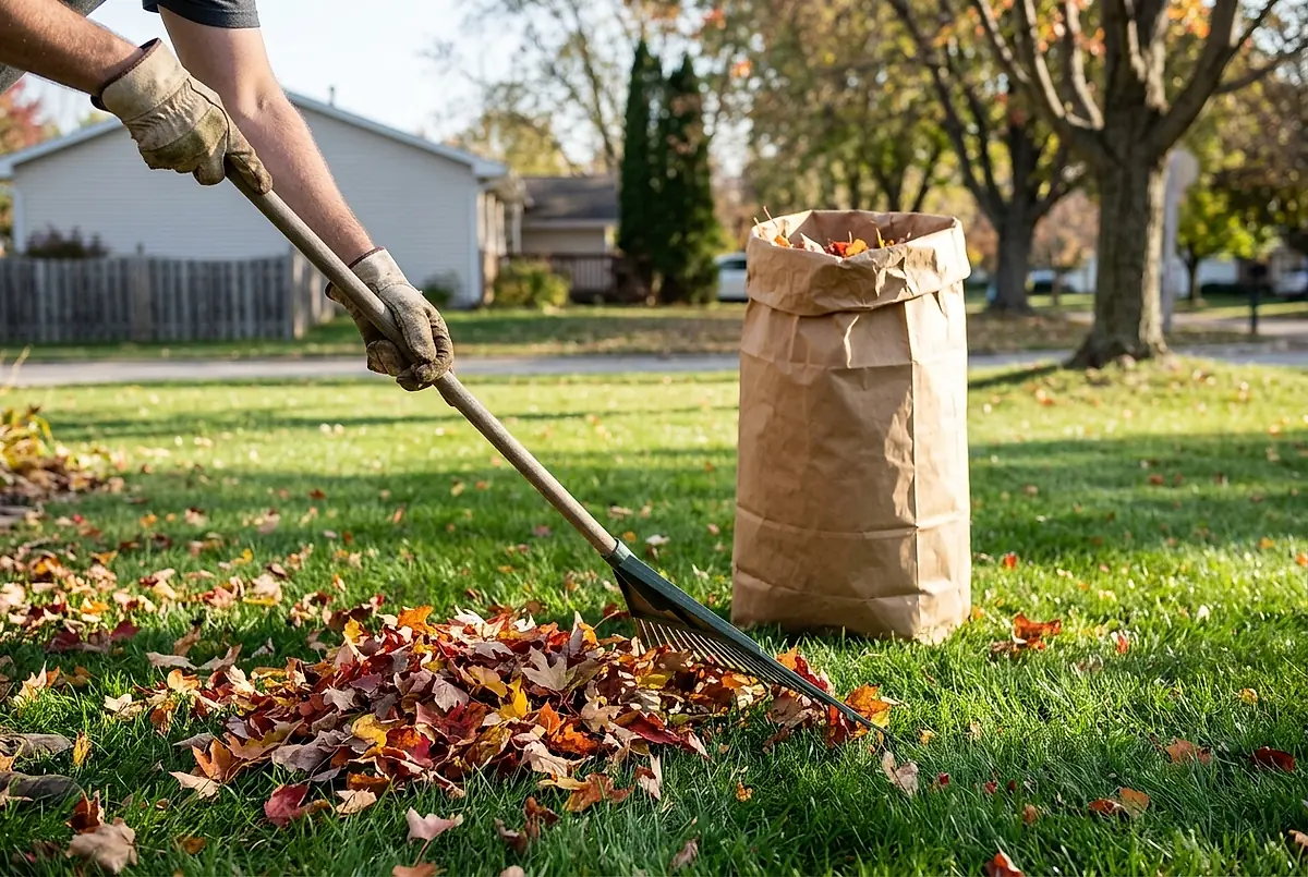 Raking autumn leaves off a lawn into a pile beside a yard waste bag.