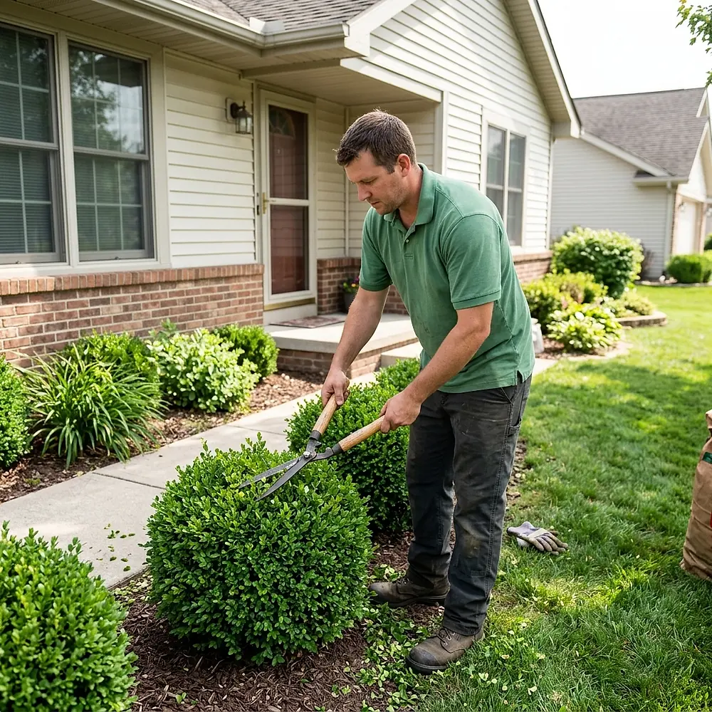 Trimming a boxwood shrub along the front of a house.