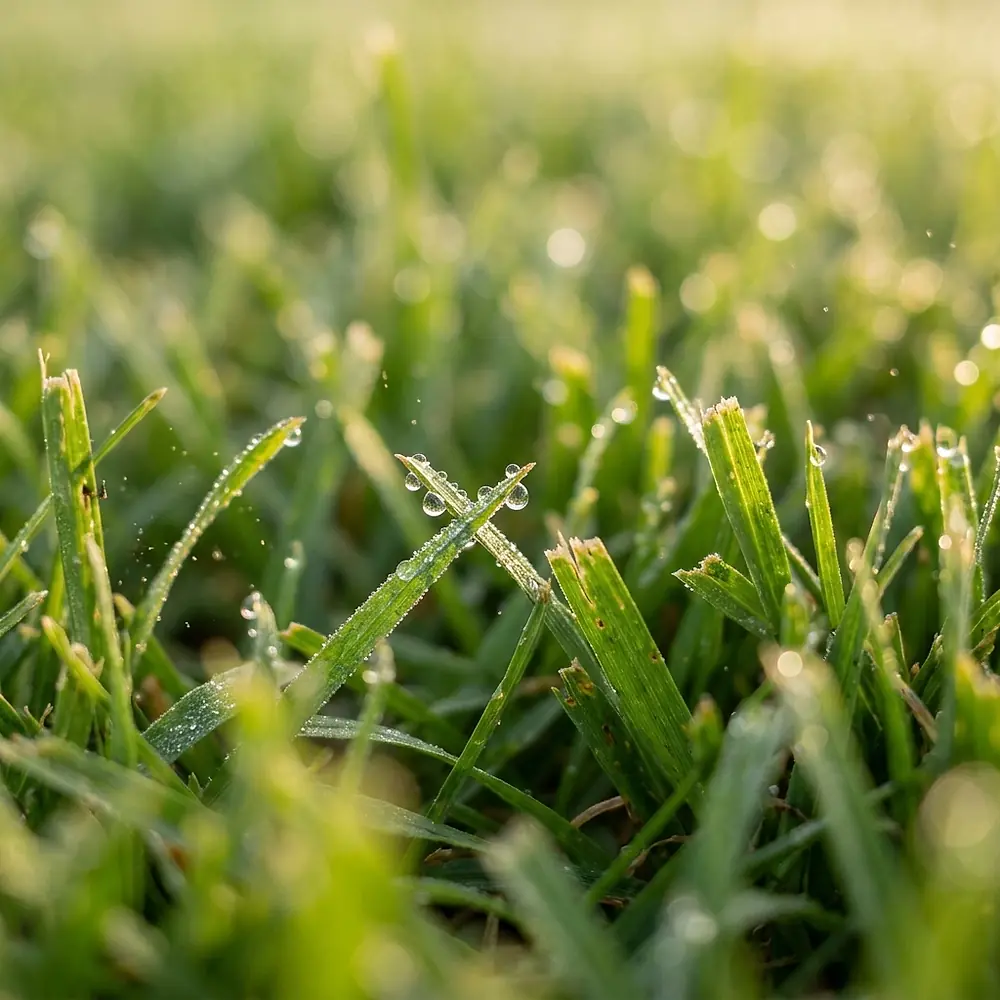 Morning dew on blades of freshly mown grass.