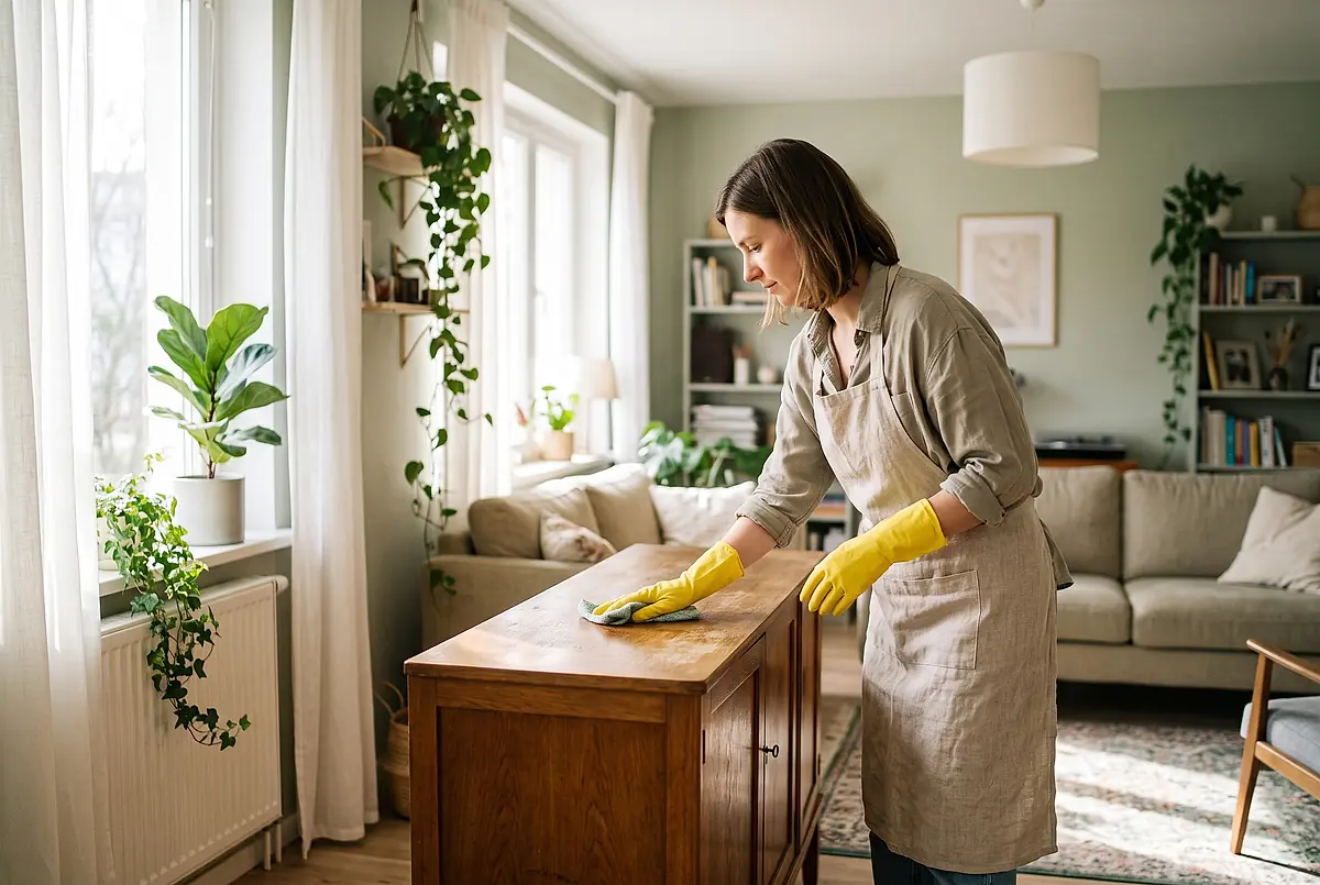 A Tidy Wren cleaner in a linen apron wiping a wooden sideboard in a bright living room.