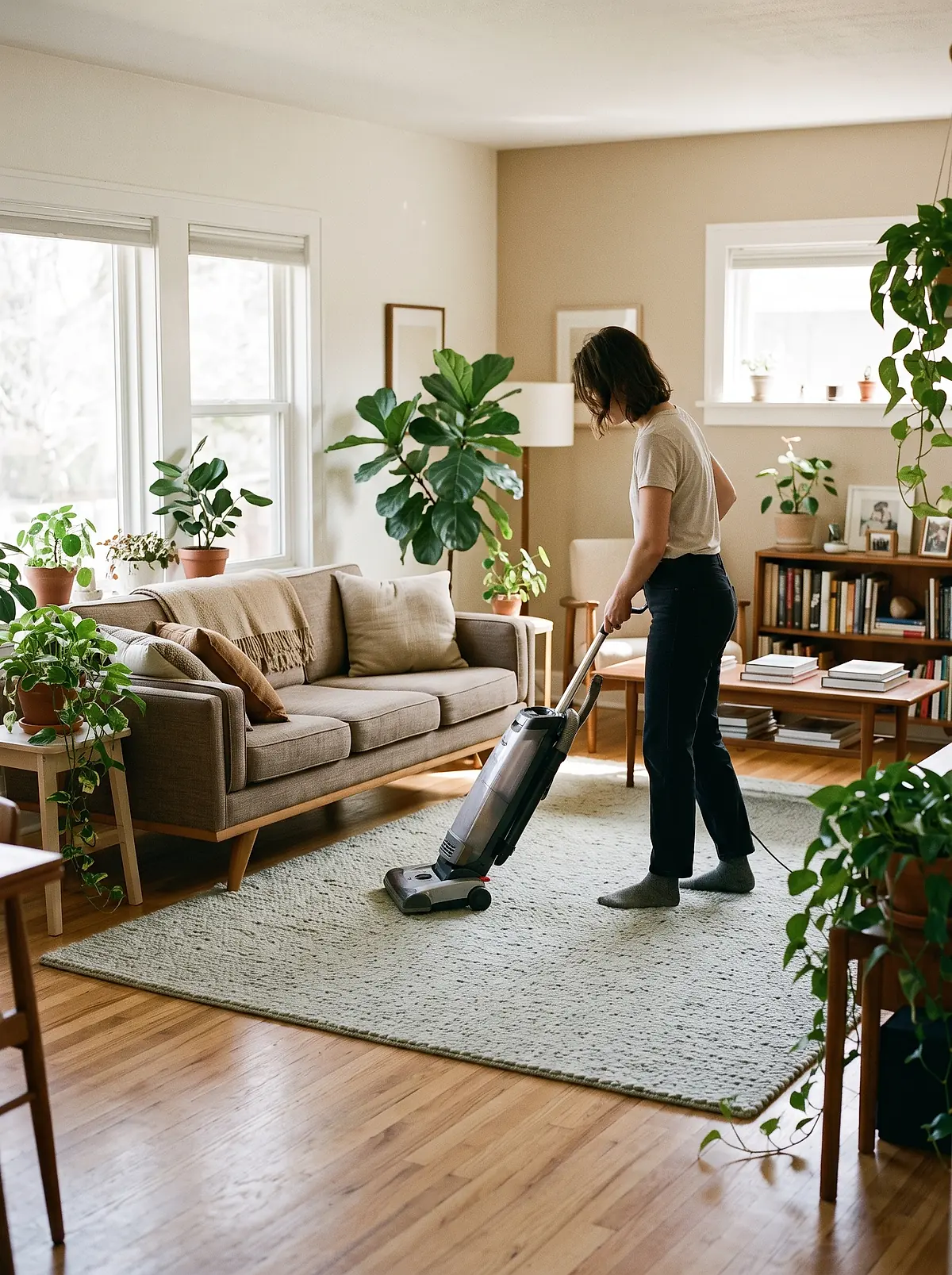 A cleaner vacuuming a pale sage rug in a sunlit living room.