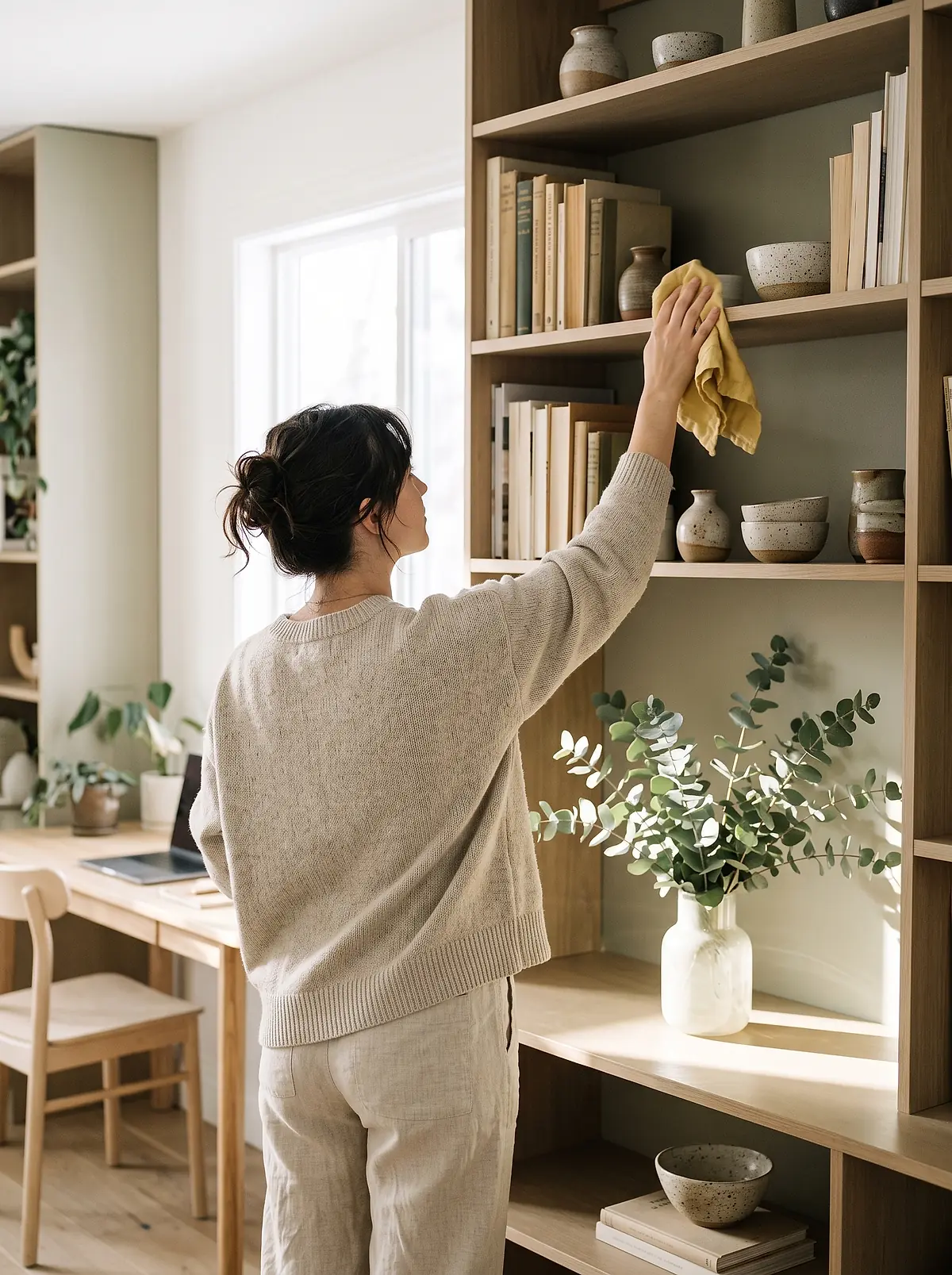A cleaner dusting a shelf of books and ceramics in a home office.