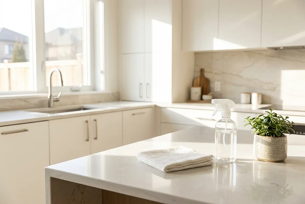A clean kitchen counter with a spray bottle and a folded cloth.