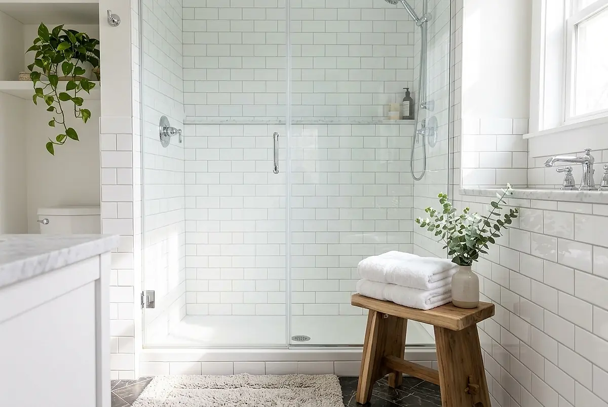A clean bathroom with white tile, folded towels and a vase of eucalyptus.