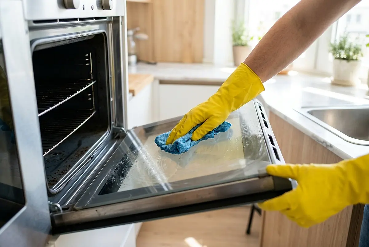 A cleaner wiping inside an oven door.