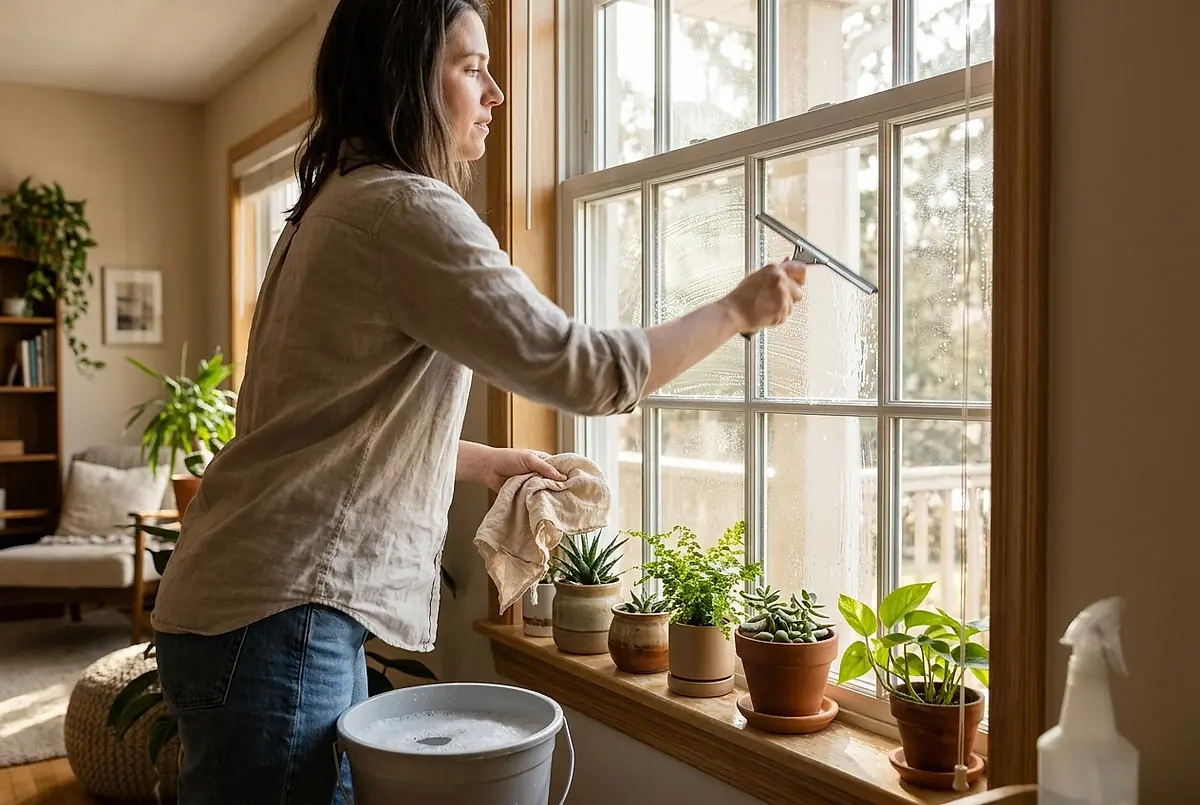 A cleaner squeegeeing an interior window in the sun.