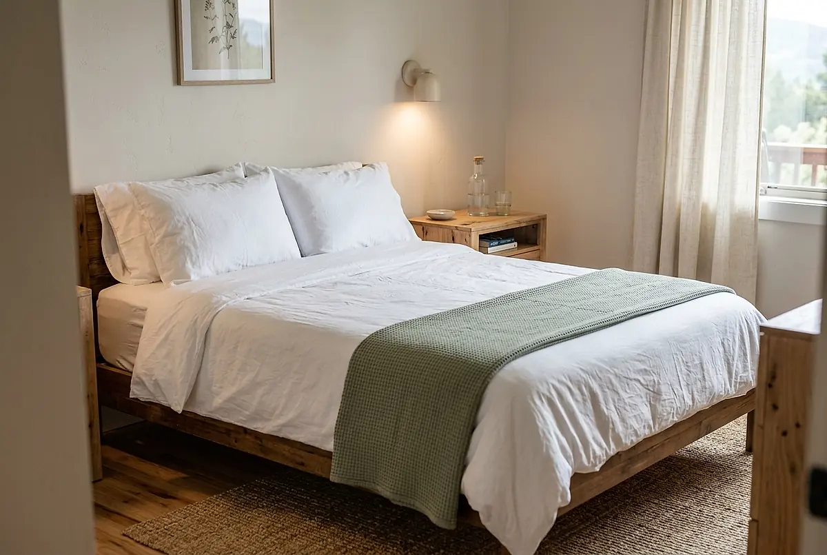 A freshly made bed with white linens and a sage throw in a vacation rental.