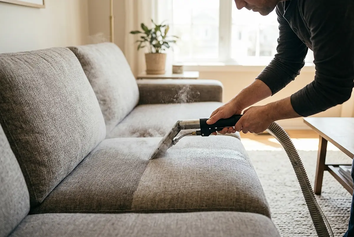 A cleaner steam cleaning the fabric of a sofa.