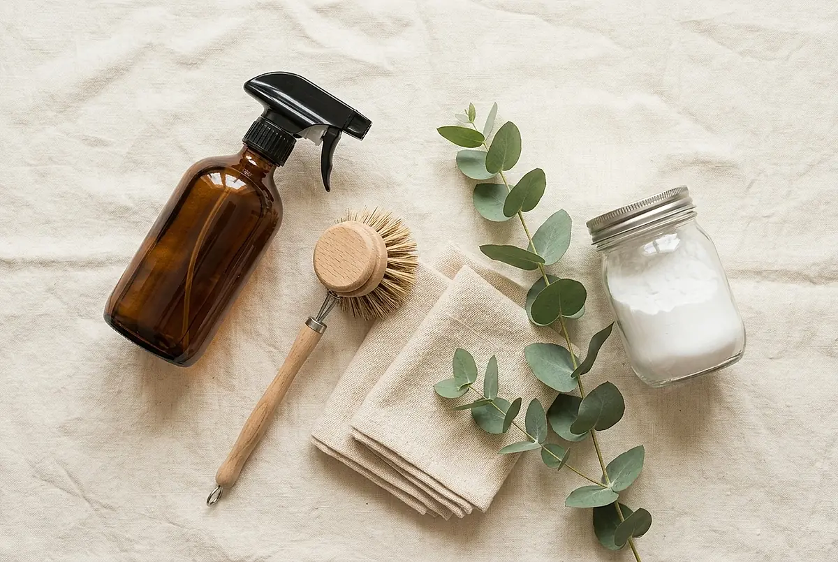 Amber spray bottle, brushes, cloths and a jar of bicarbonate of soda on a linen surface.
