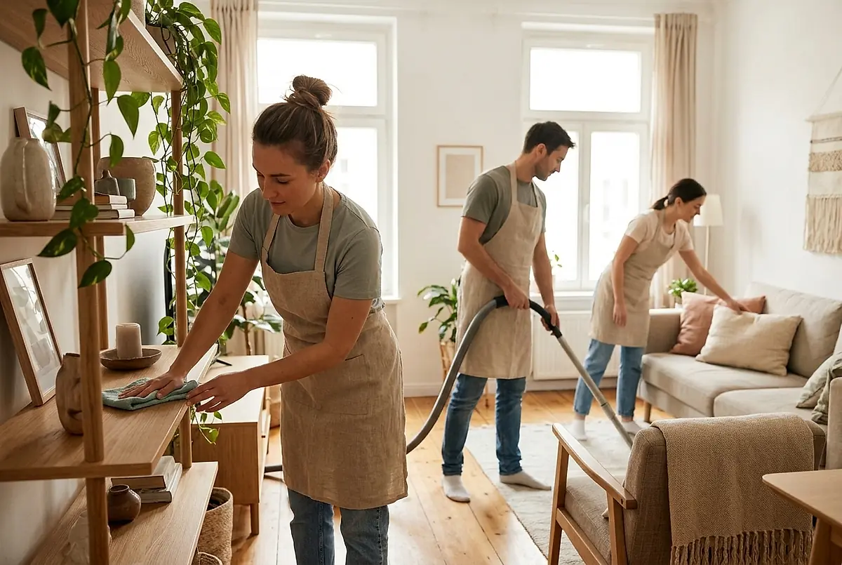 Three Tidy Wren cleaners working together in a bright living room.