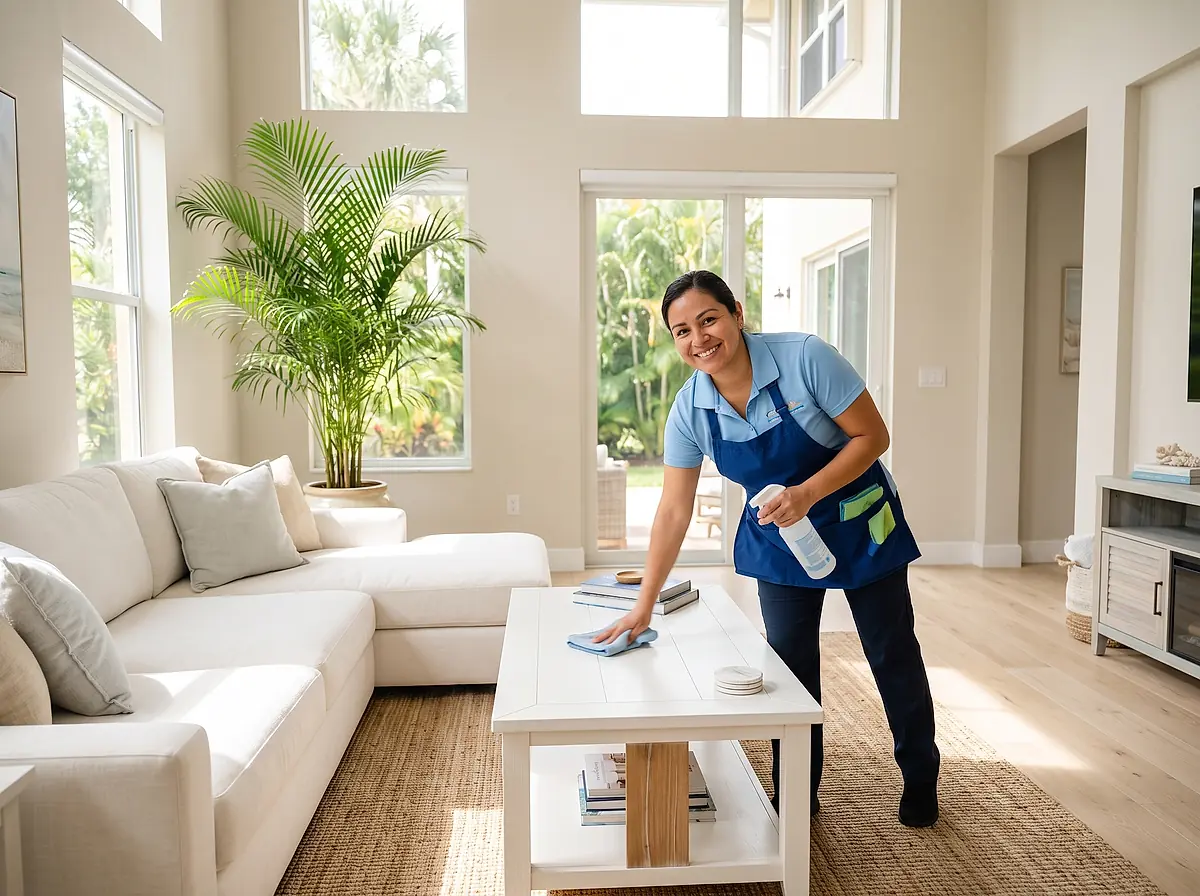 A cleaner wiping a coffee table in a bright Tampa living room